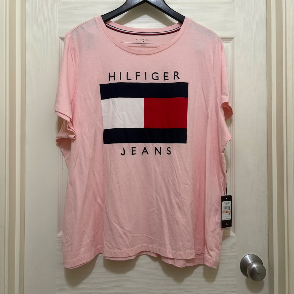 NEW Tommy Hilfiger Jeans T-Shirt Pink Large Logo Cotton Size 2X Lightweight 90s